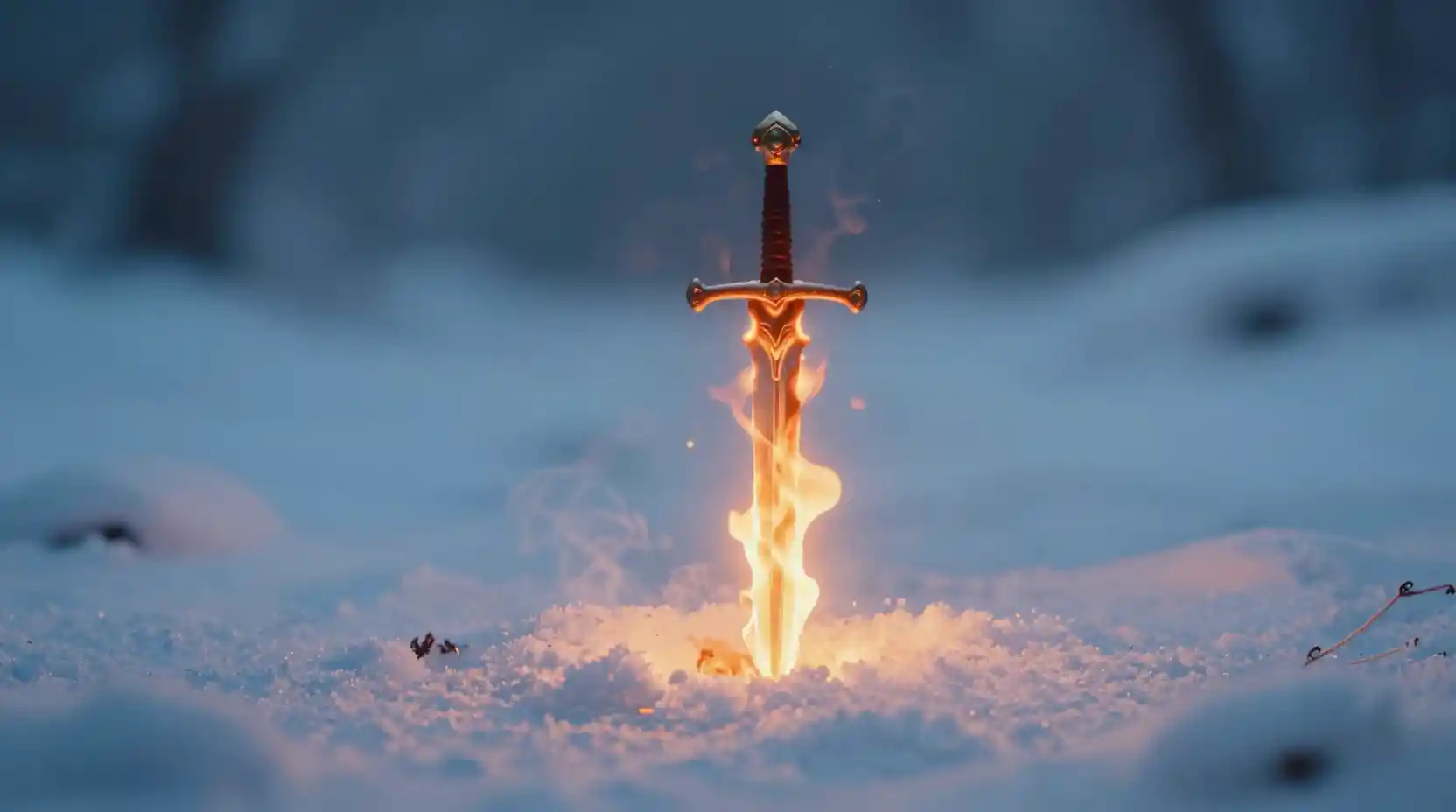 Espada llameante de pie en la nieve fresca de invierno al anochecer