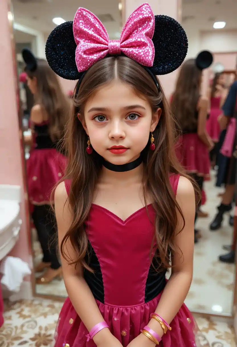 Ragazzo preadolescente vestito da dolce ragazza con outfit di Minnie Mouse