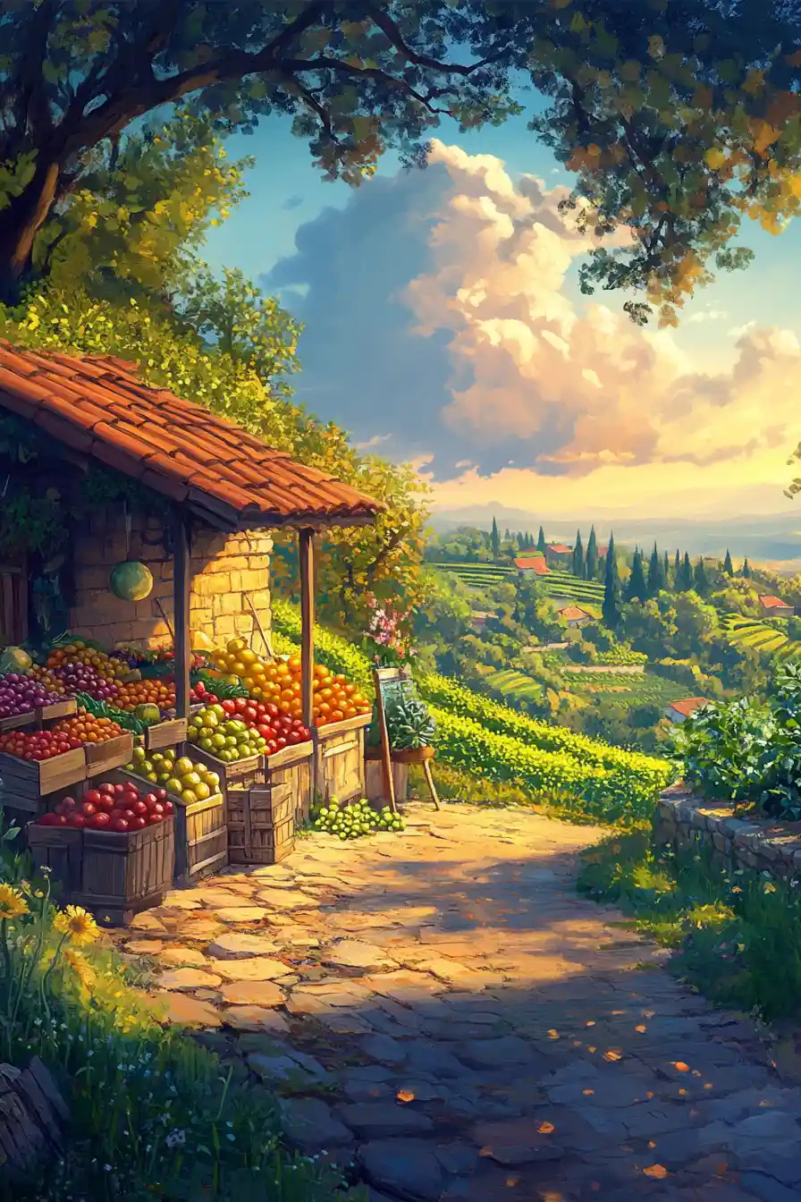 Chiosco di frutta lungo una strada di campagna al tramonto tra dolci colline