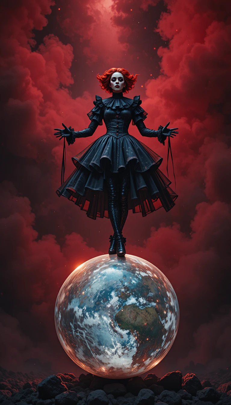 Donna clown surreale in equilibrio su un globo luminoso