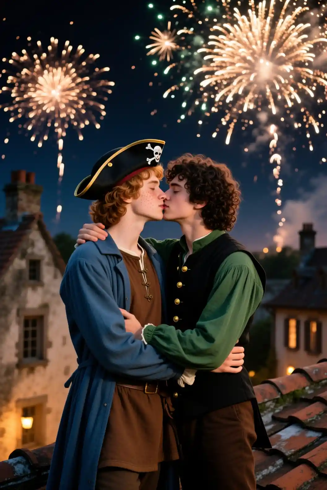 Two young men kissing on a rooftop under fireworks