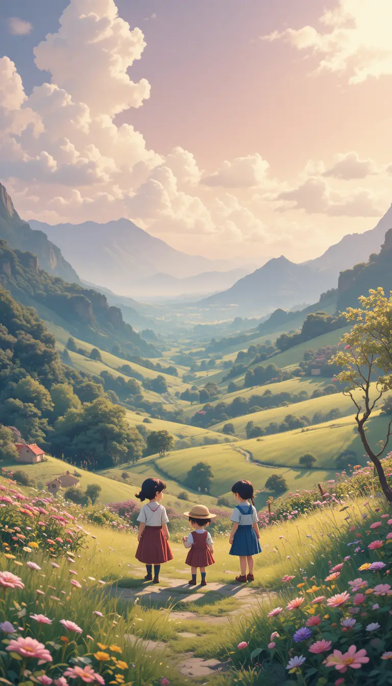 Whimsical children playing in a dreamy summer countryside