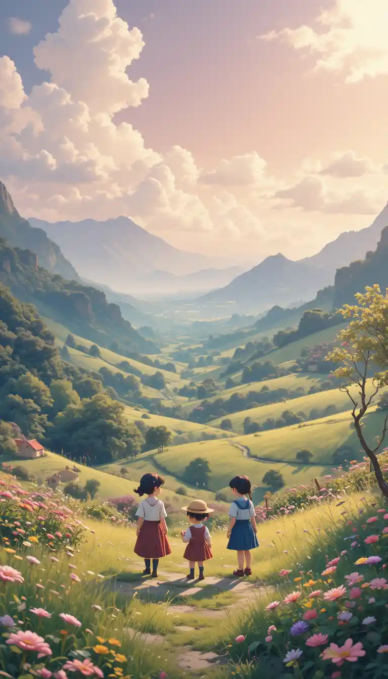 Whimsical children playing in a dreamy summer countryside