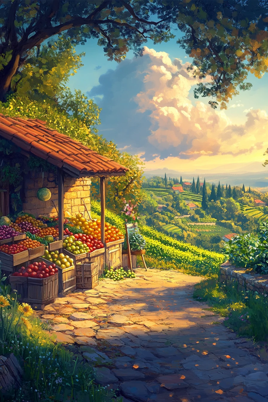 Country roadside fruit stand at sunset in rolling farmland