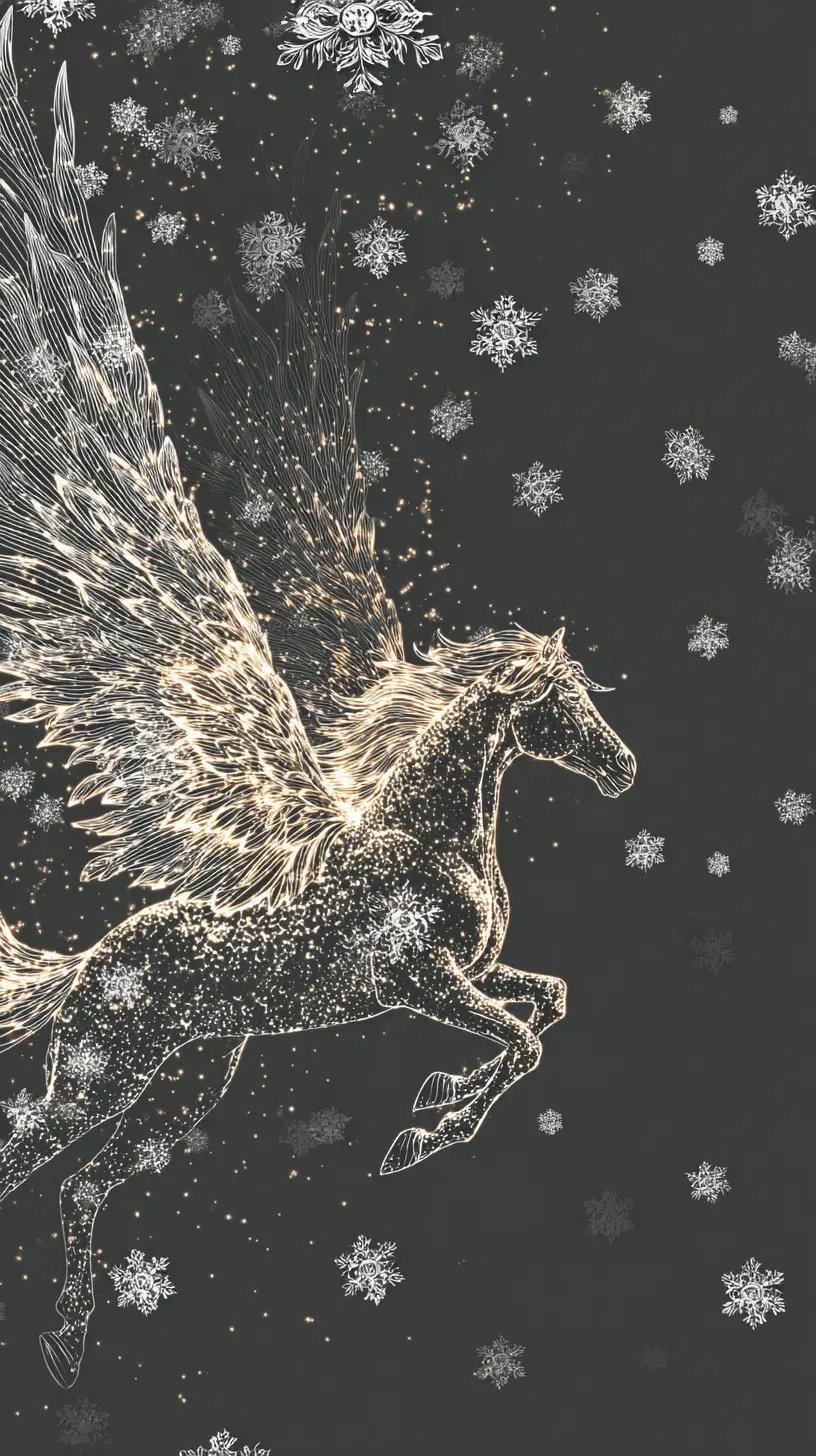 Fiery Winged Horse Glowing Amid Gentle Falling Snow