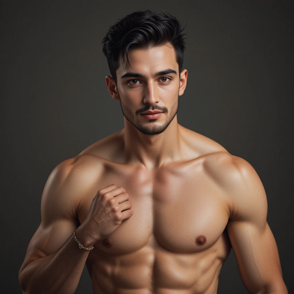 Handsome muscular man showing six pack and full body