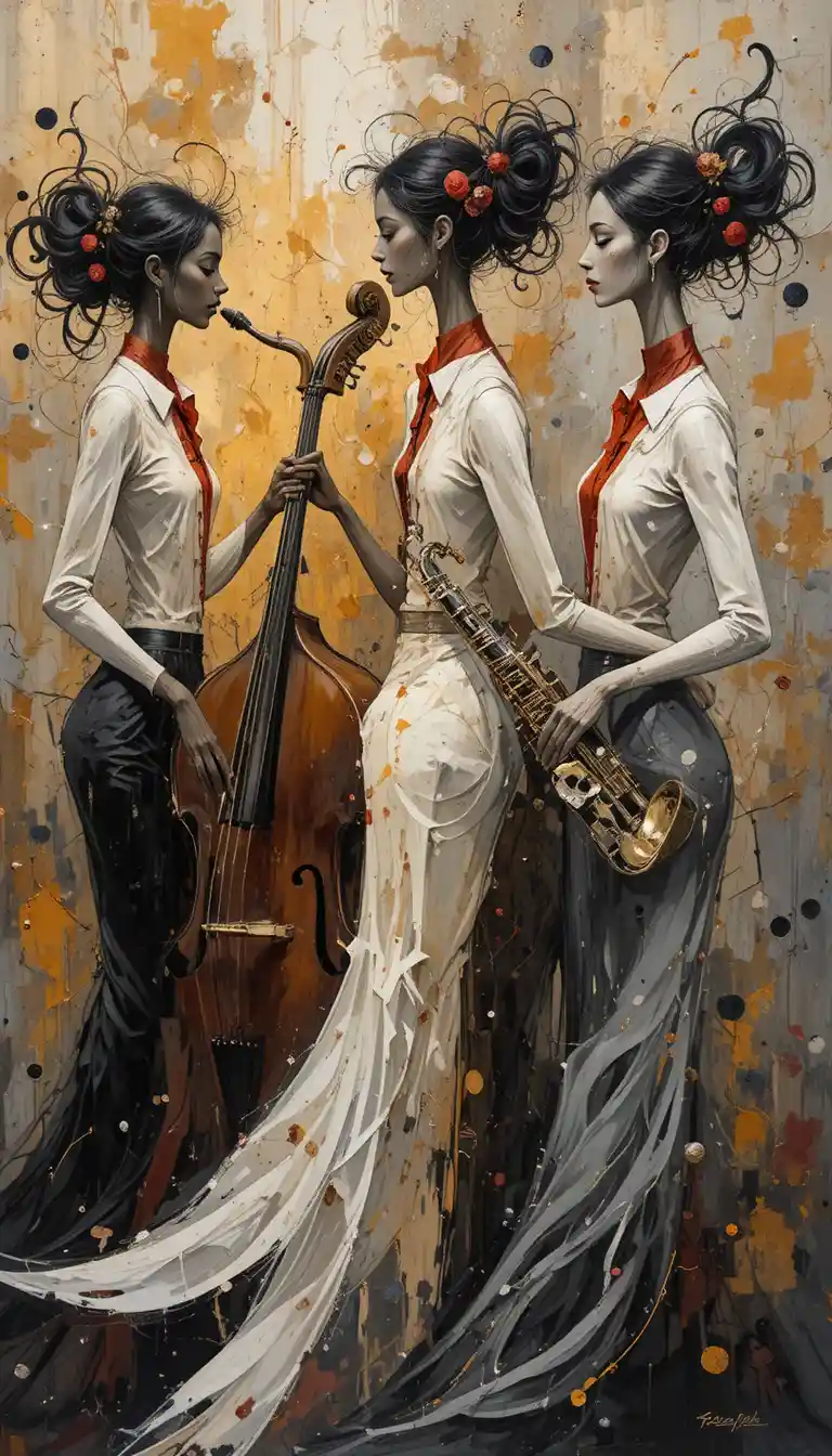 Impressionistic Oil Painting Of Women Jazz Trio In Profile