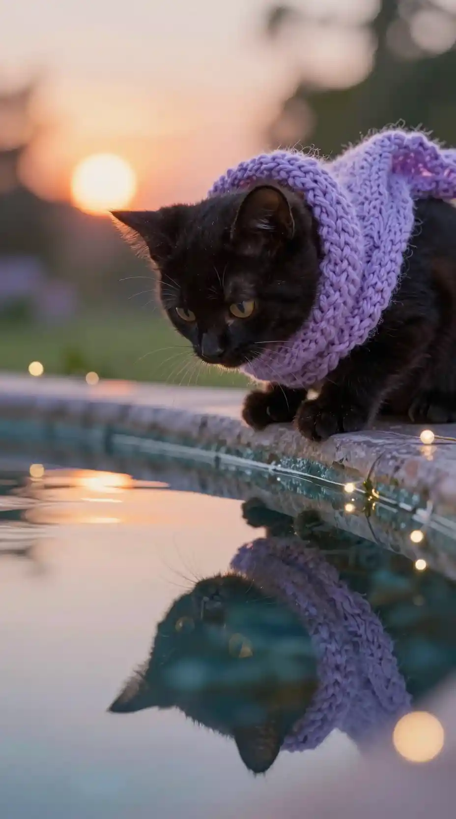Black kitten in purple scarf by fountain at dusk