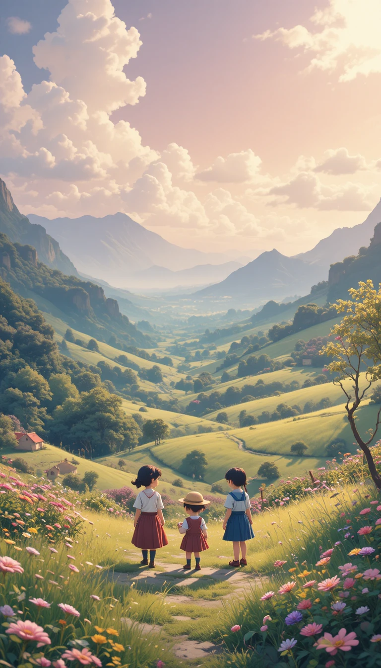 Whimsical children playing in a dreamy summer countryside