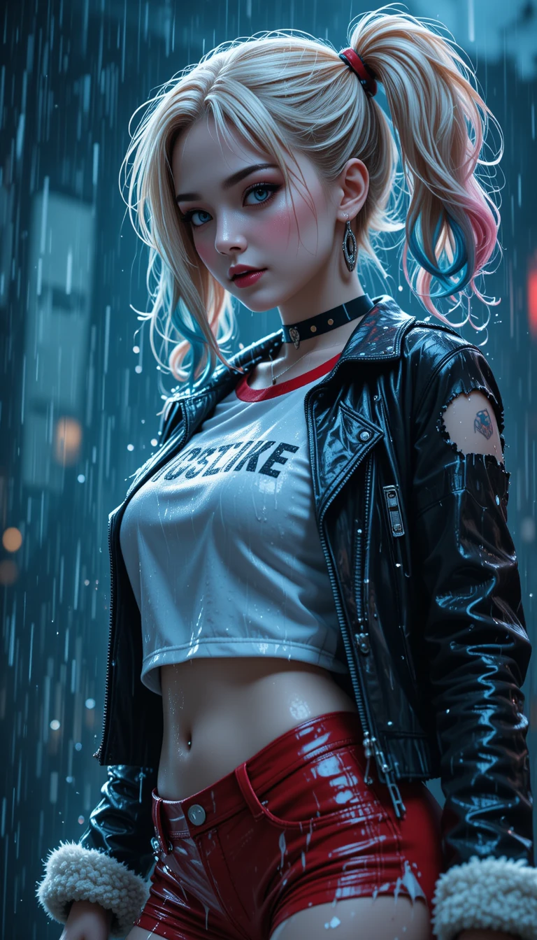 Anime woman in rain with blonde pigtails and leather jacket