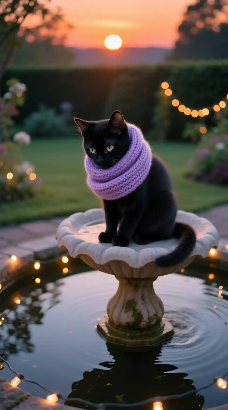 Black kitten by a fountain wrapped in a purple scarf