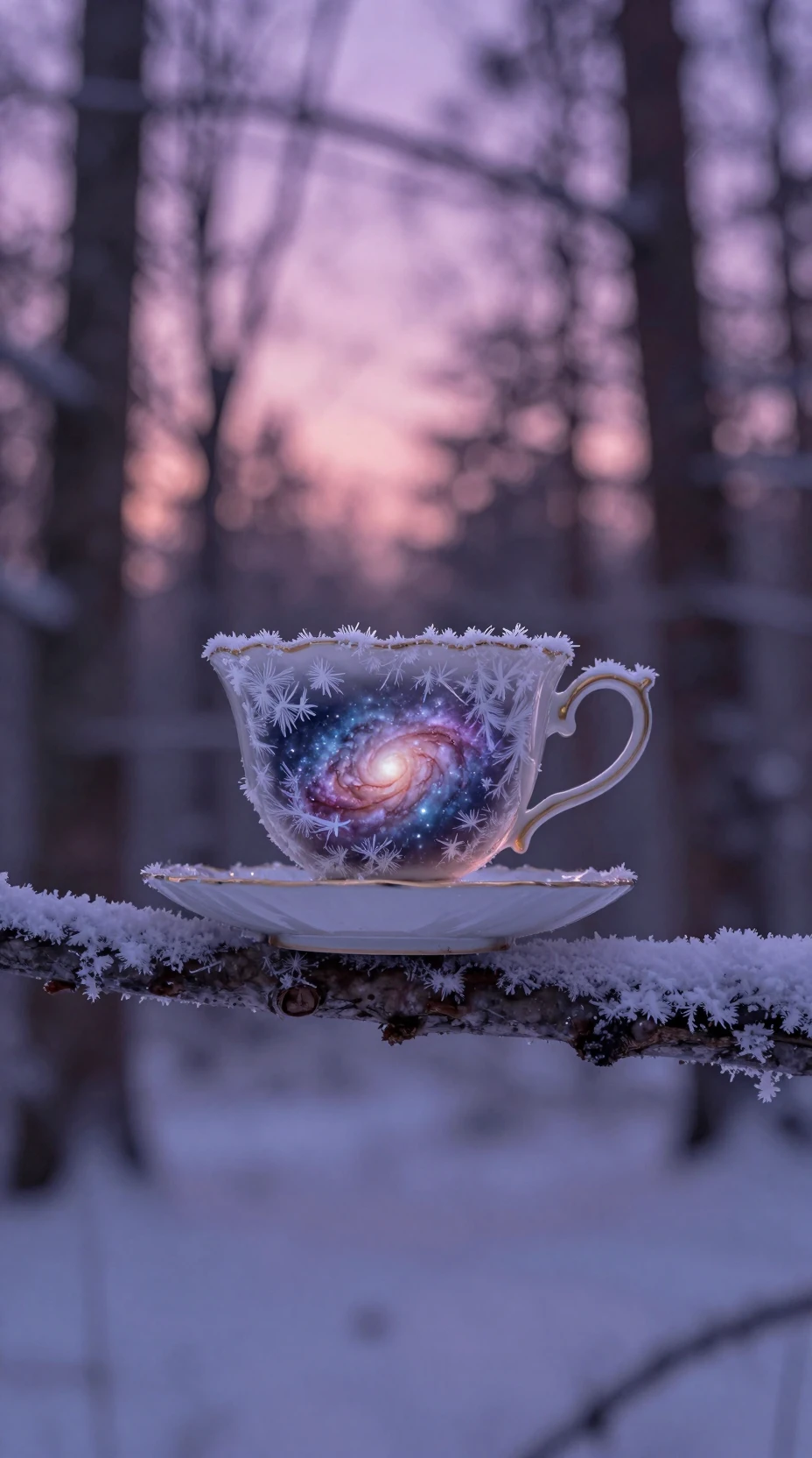 Ornate teacup with swirling galaxy in a frozen forest