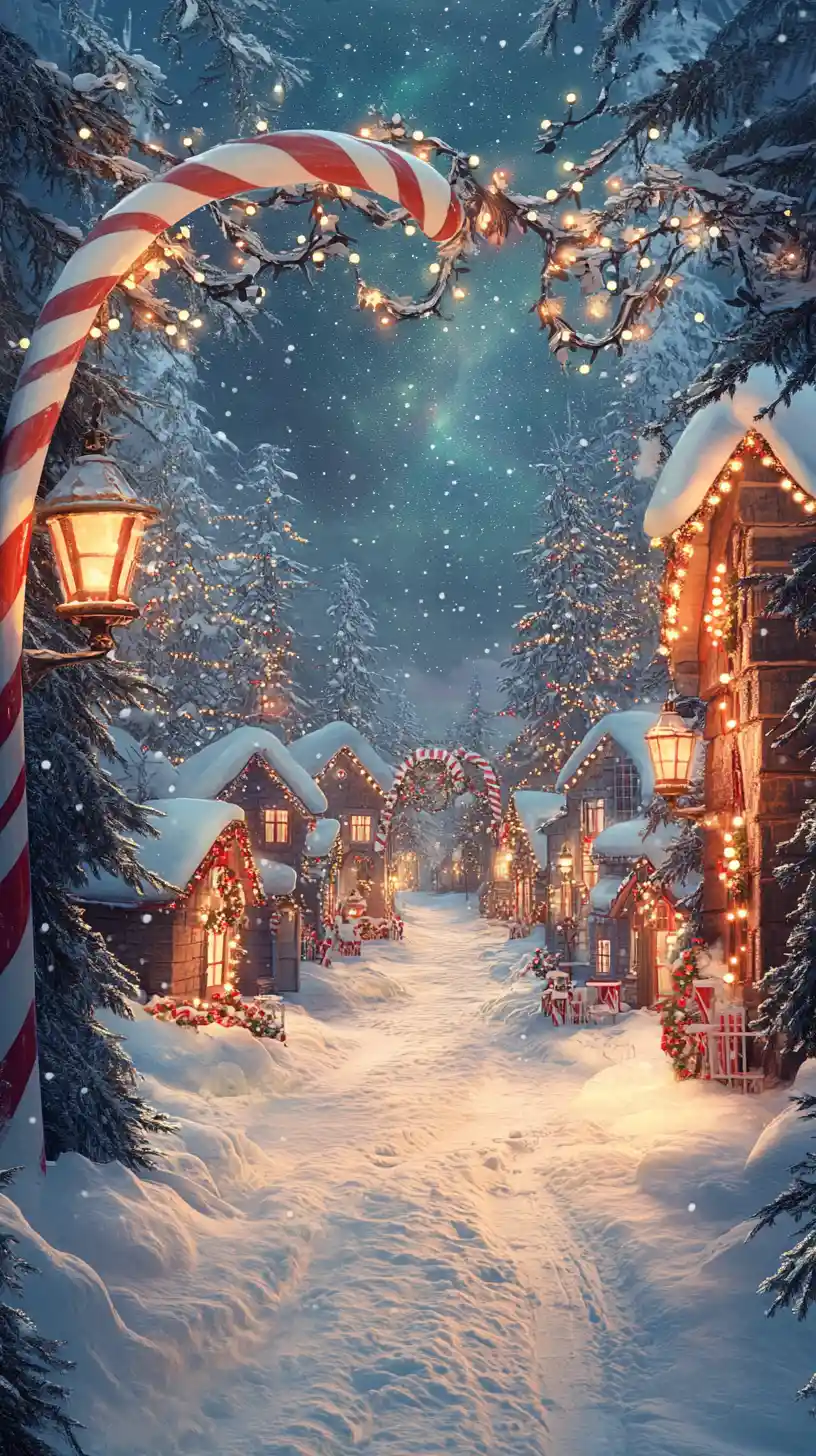 Whimsical Christmas village under lanterns and candy arches
