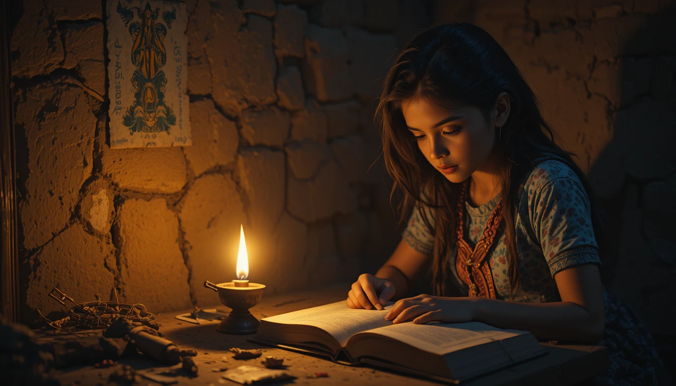 Poor village girl studying by a small oil lamp at night