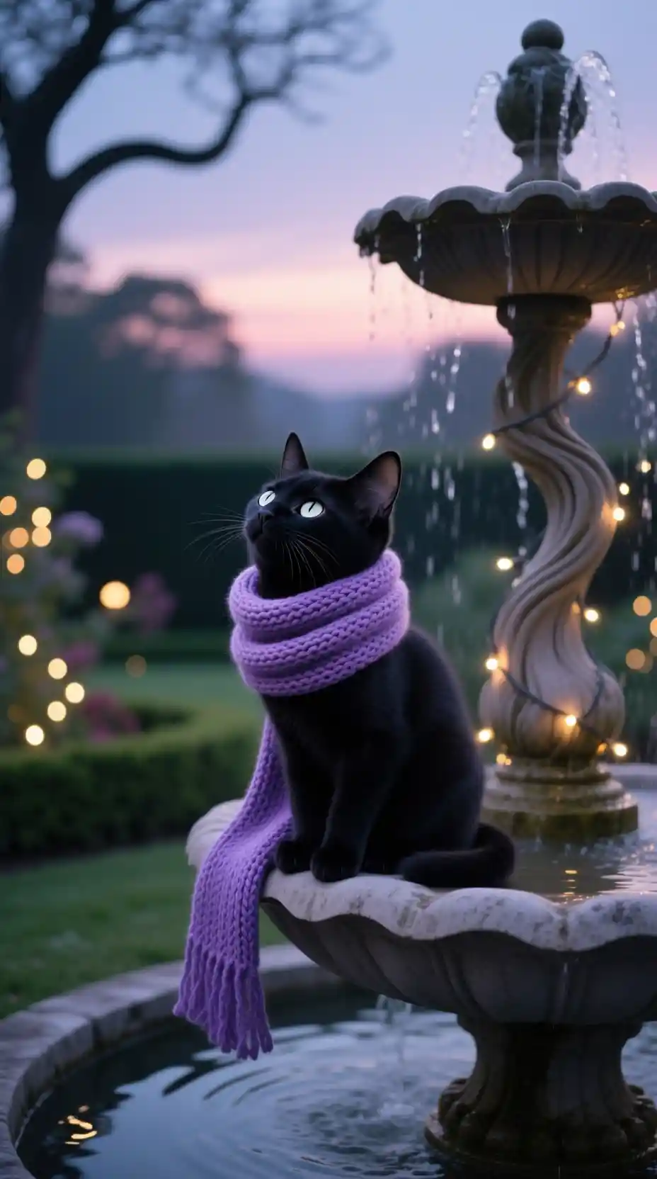 Minuscule chaton noir à la fontaine avec écharpe violette