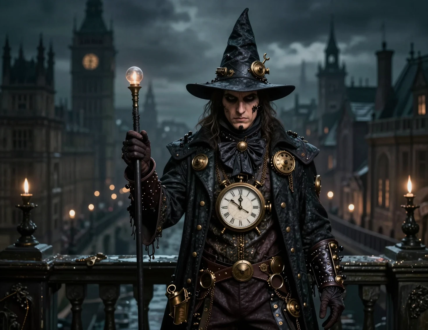 Clock wizard in dark steampunk clothing in victorian city