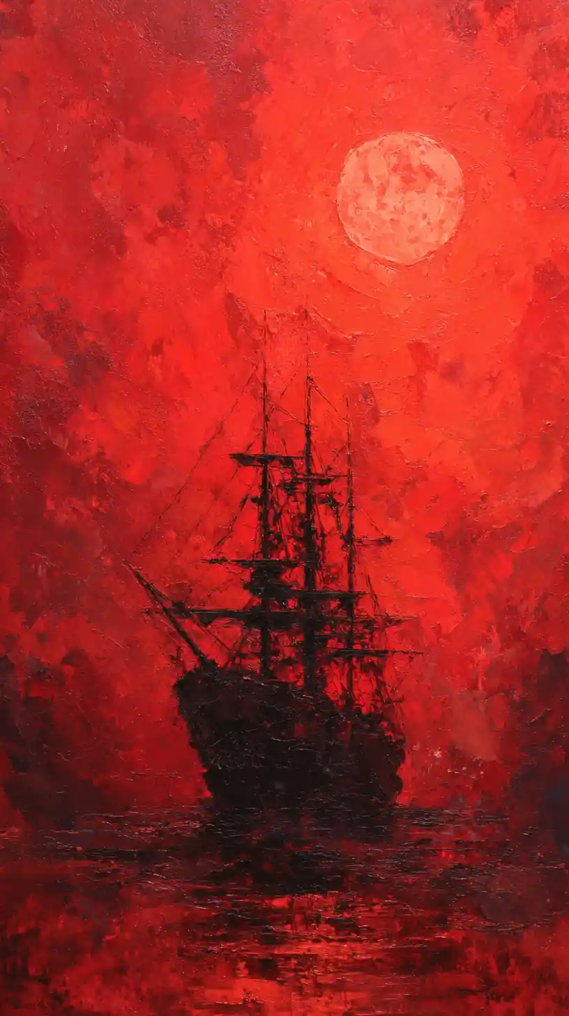 Ghostly skeletal ship under a pale moonlit red sky