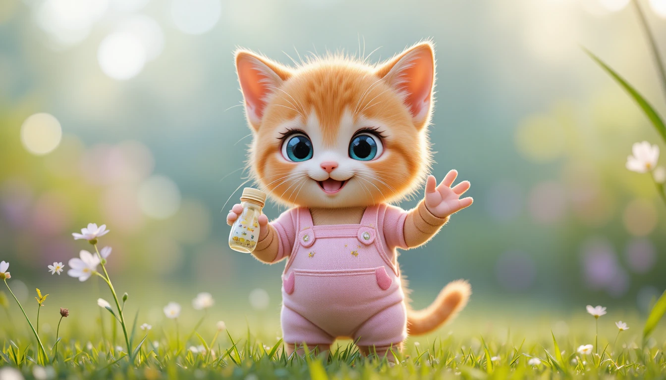 Adorável filhote de gato 3D ruivo com mamadeira na grama ensolarada