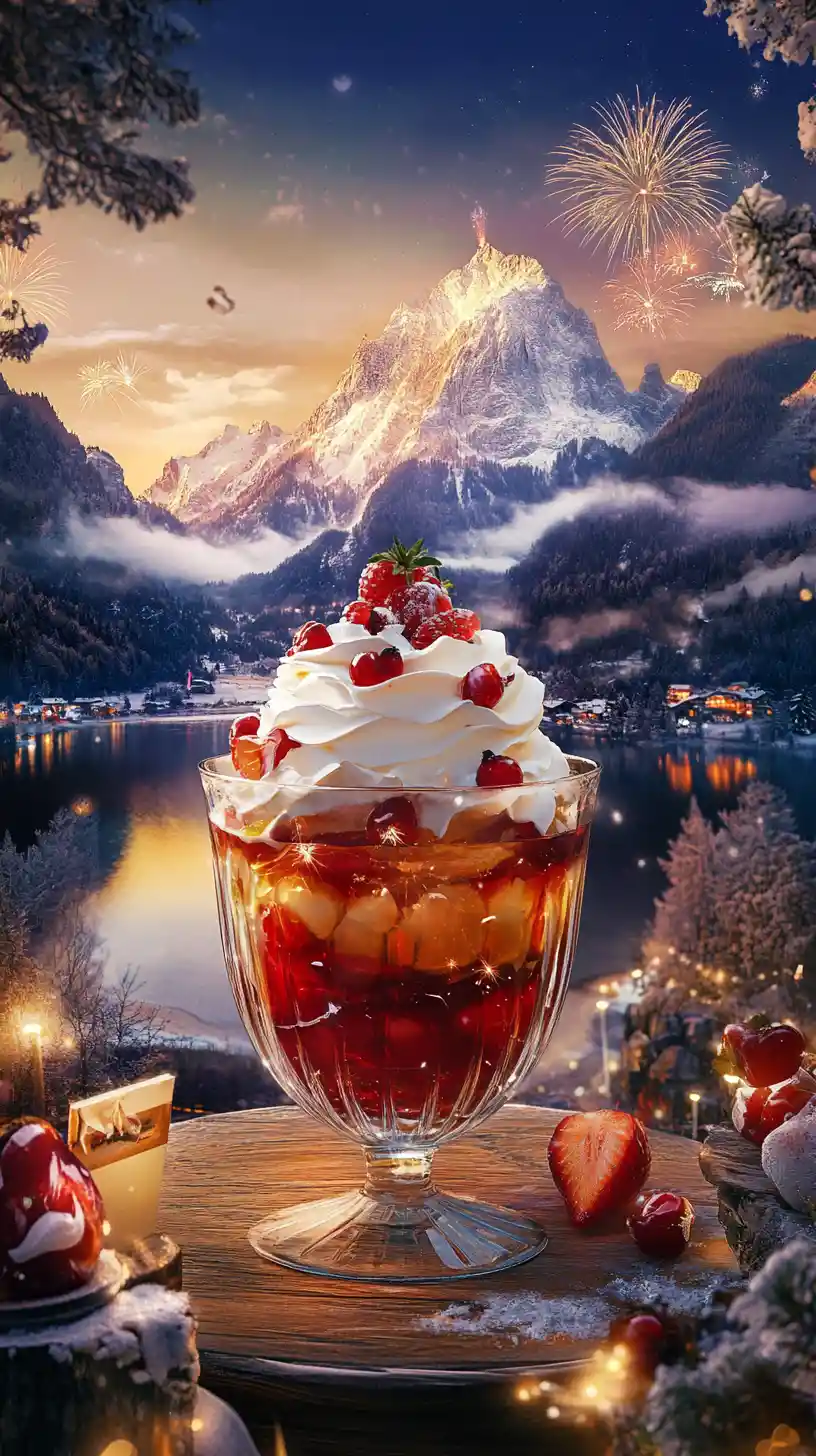 Postre de gelatina de frutas con crema batida en un jardín