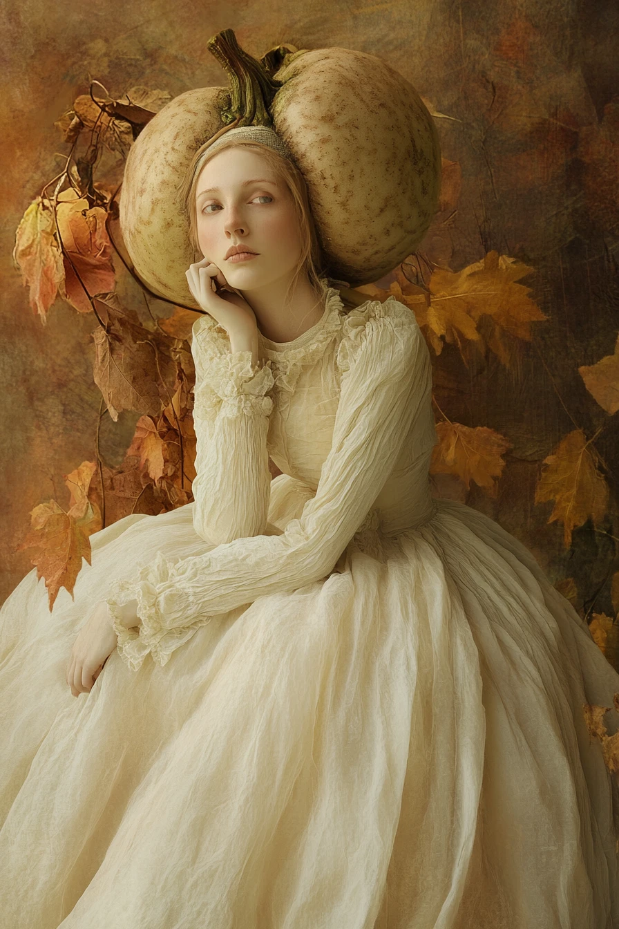 Surreal potato like woman in white gown with autumn leaves