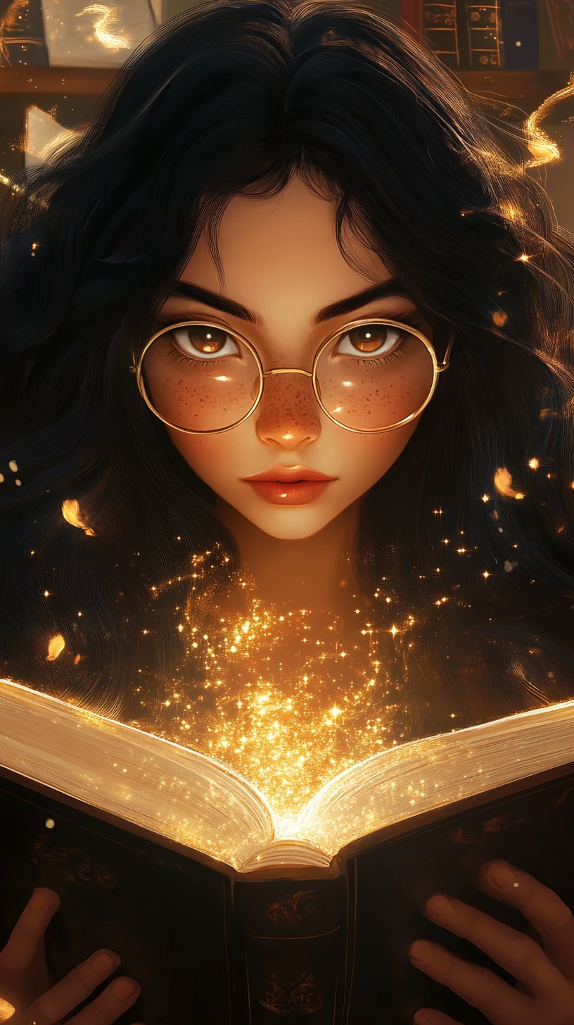 Curious young witch reading a glowing ancient grimoire