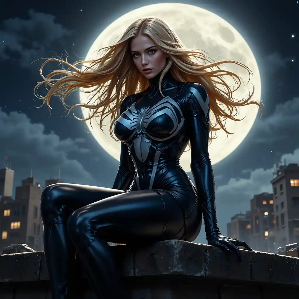 Mujer simbiótica rubia en una azotea urbana iluminada por la luna