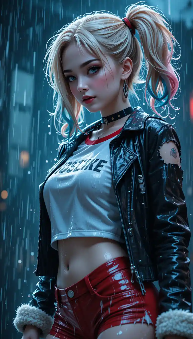 Anime-Frau im Regen mit blonden Zöpfen und Lederjacke