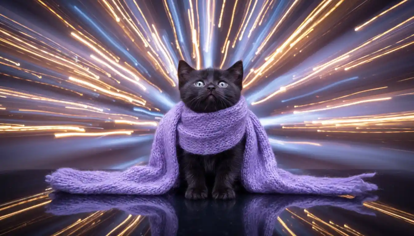 Tiny black kitten in purple scarf on reflective surface