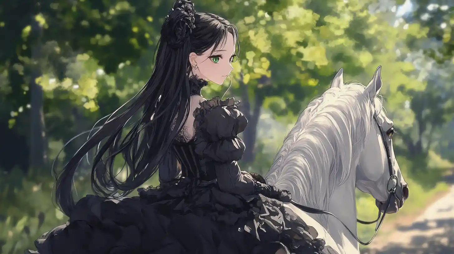 Anime girl riding a white horse along forest path