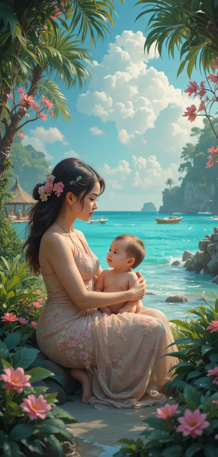 Tender mother and baby in a lush oasis studio scene