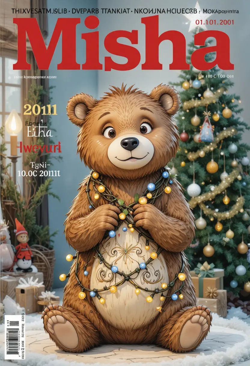 Cartoon bear with festive garland on New Year magazine cover