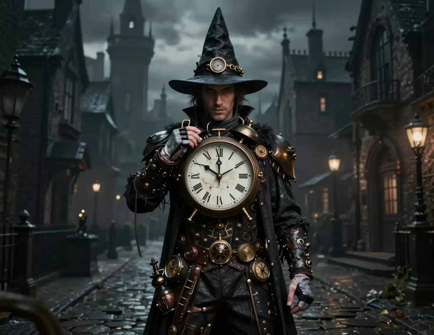 Mago dell'orologio in abiti steampunk scuri in città vittoriana
