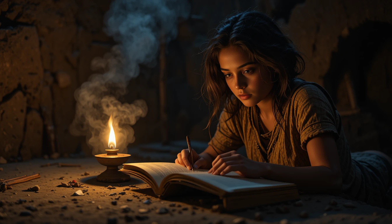 Poor village girl studying by a dim oil lamp at night