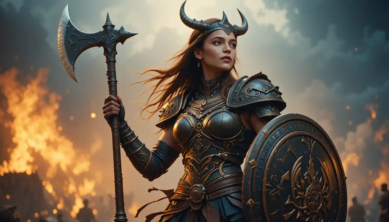 Fierce nord warrior woman in armor with battle axe