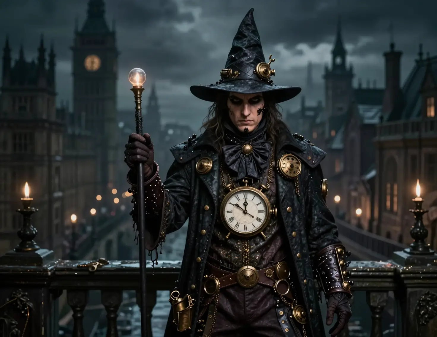 Clock wizard in dark steampunk clothing in victorian city