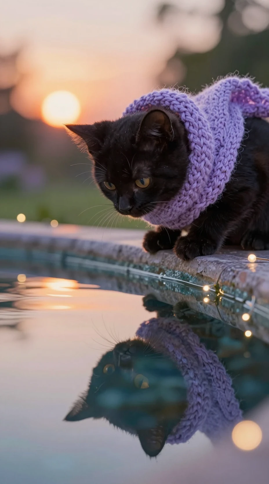 Gattino nero con sciarpa viola vicino a una fontana al crepuscolo