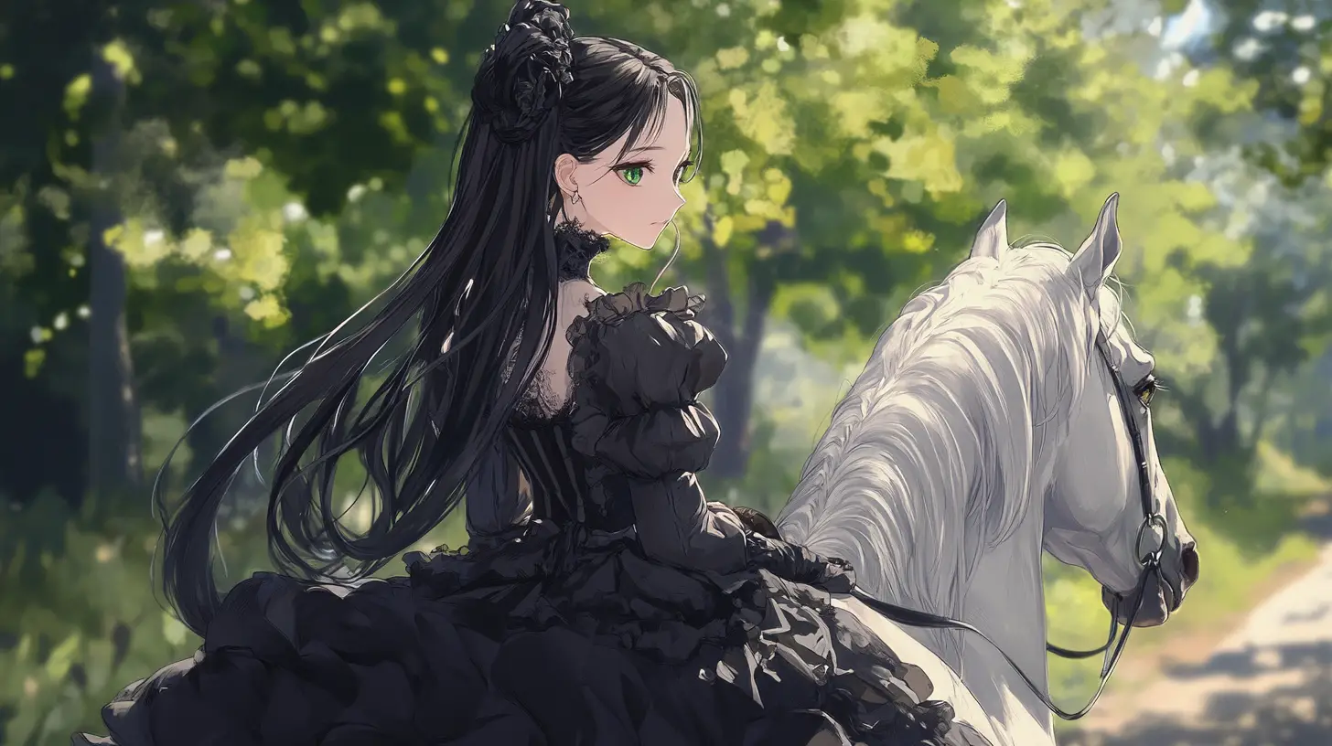 Anime girl riding a white horse along forest path