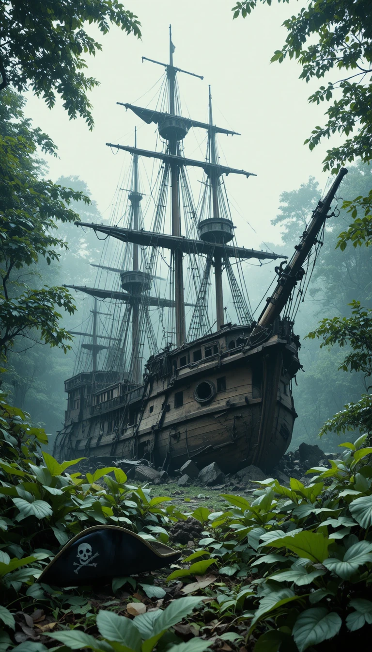 Galeón español naufragado sobre un frondoso suelo de bosque