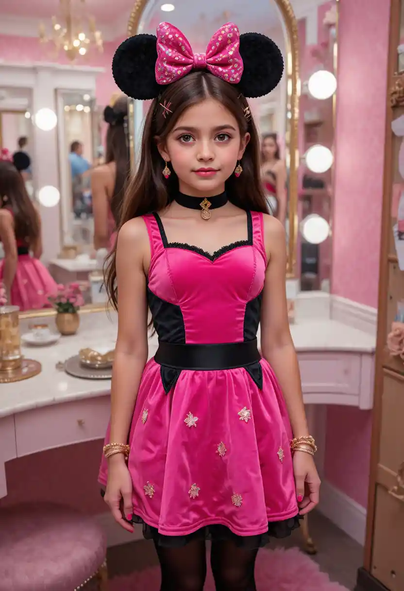 Tween in pink Minnie dress at boutique vanity mirror