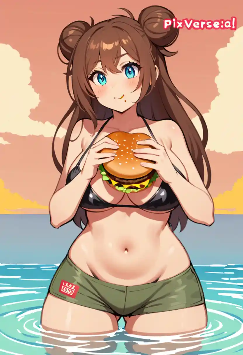 Woman in black bikini eating burger in the sea