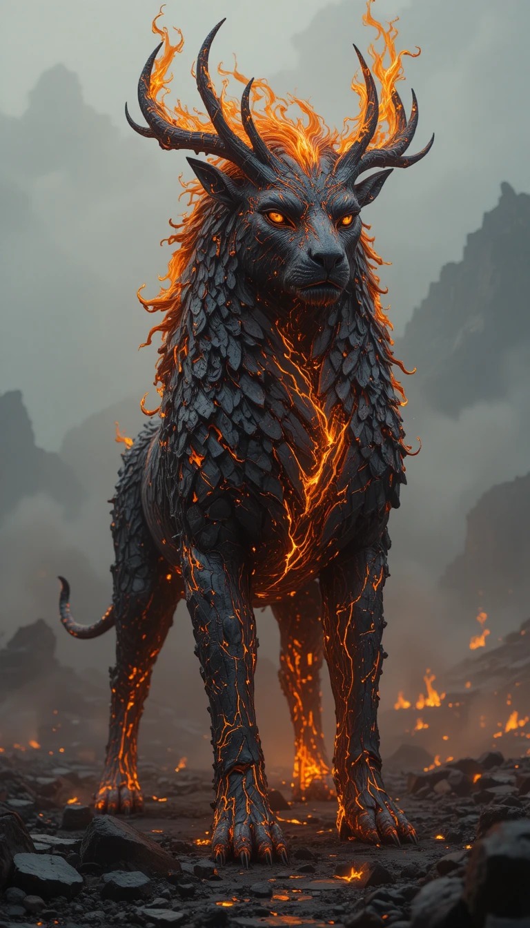 Molten beast guardian in a burning volcanic wasteland