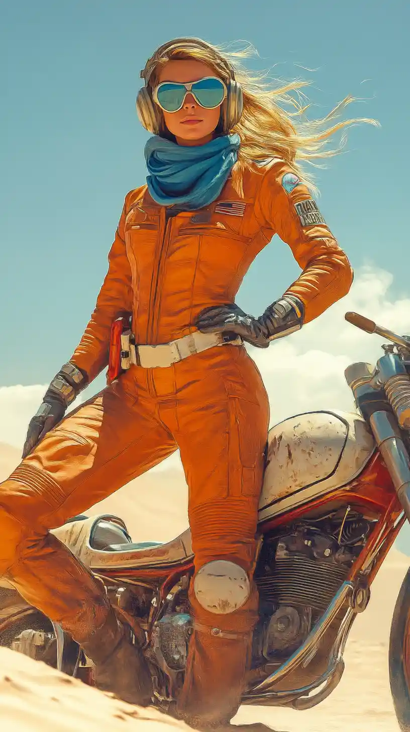 Determined desert racer with speeder bike in harsh sunlight