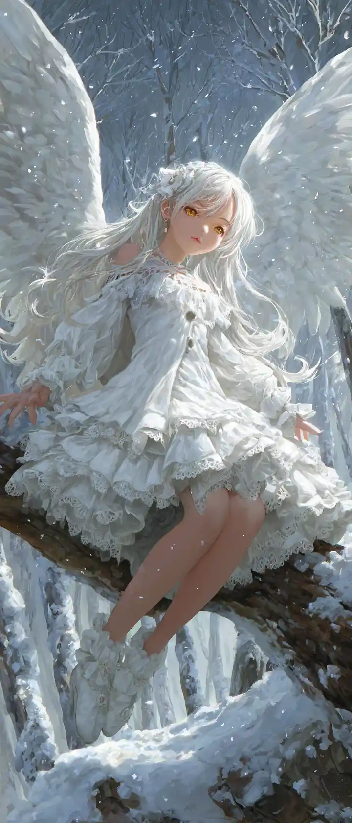 White haired owl winged girl in snowy forest