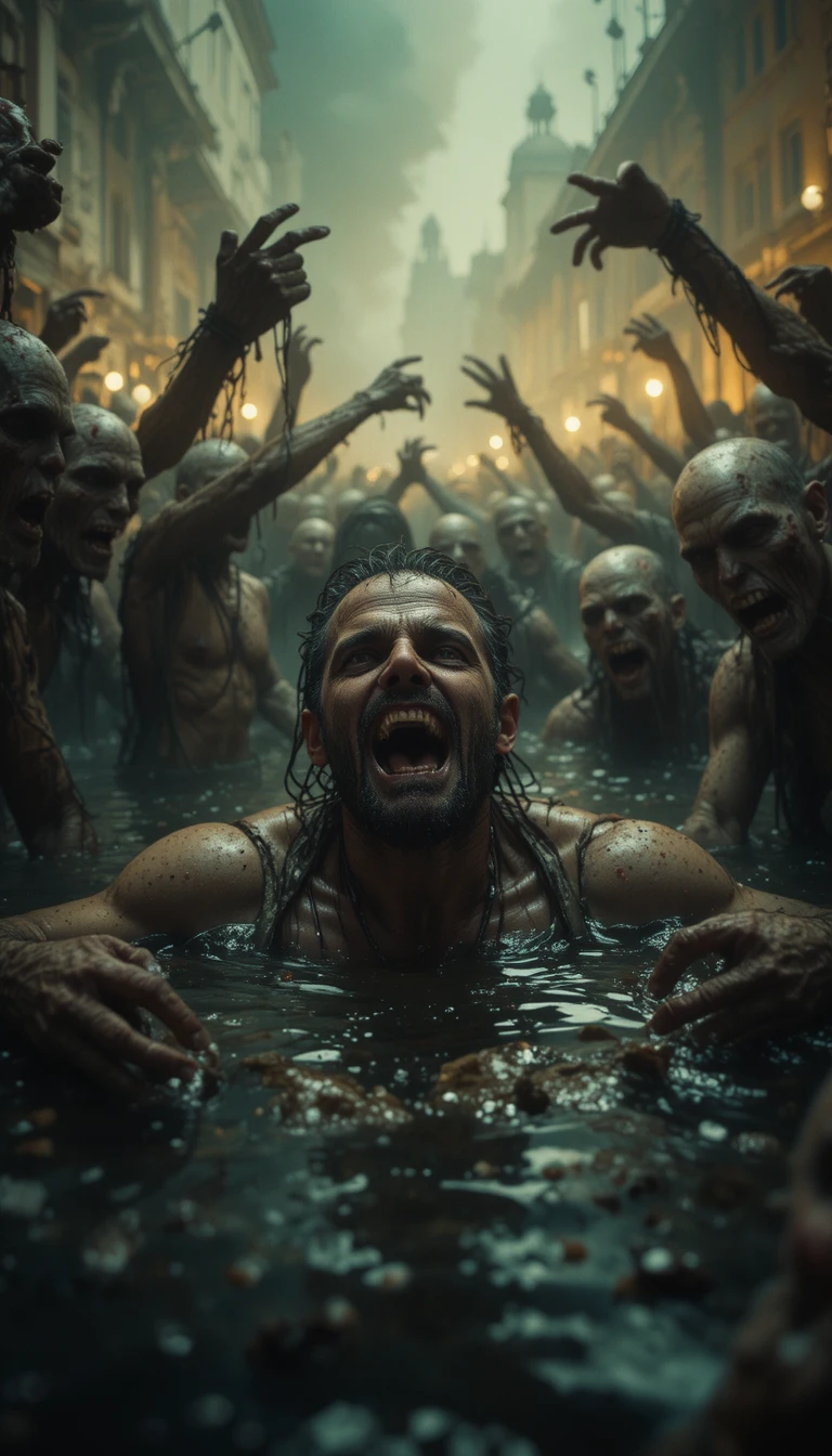 Terrified man surrounded by zombies in apocalyptic ruins