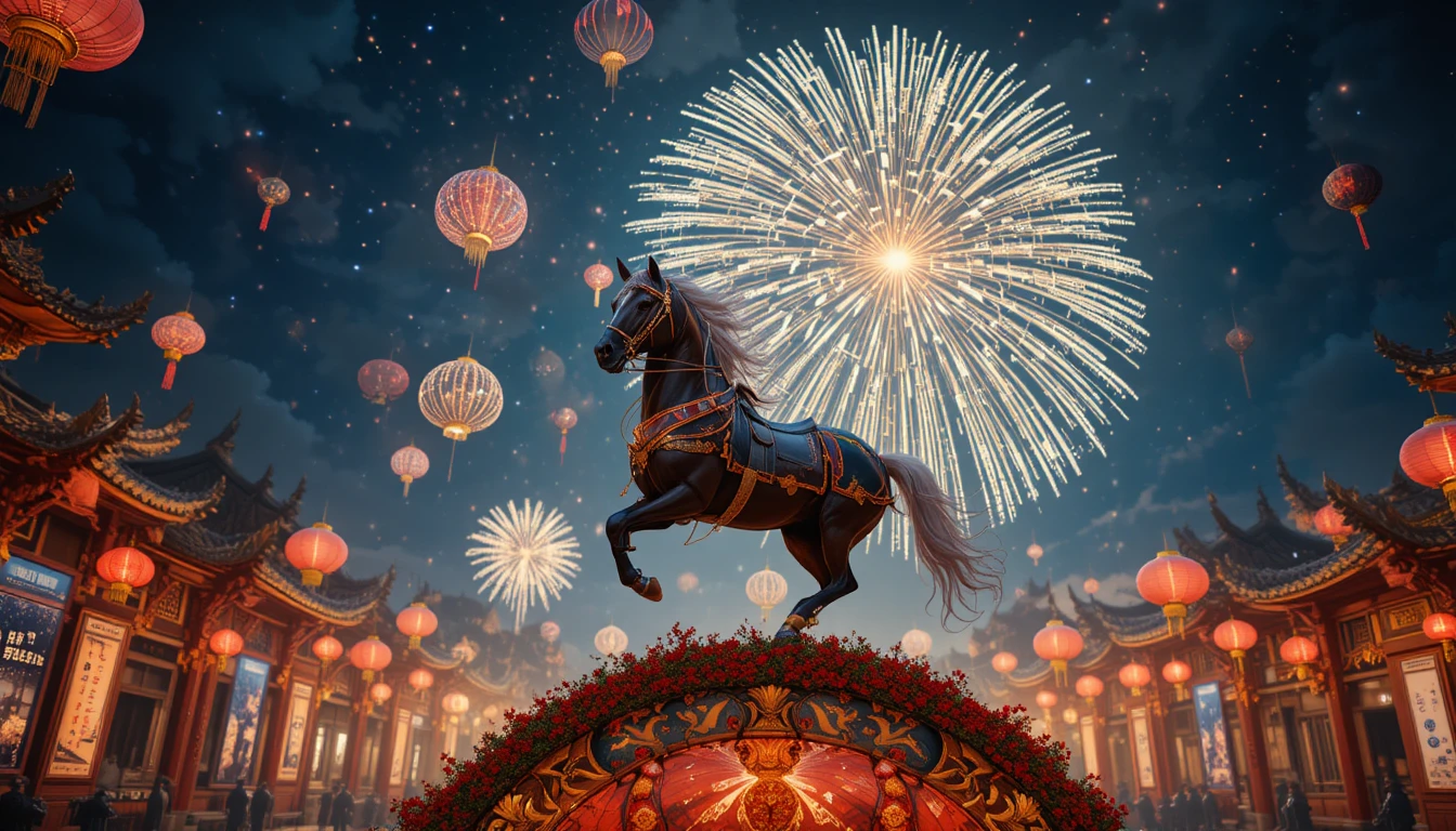 Cheval au galop sur un pont illuminé de lanternes la nuit