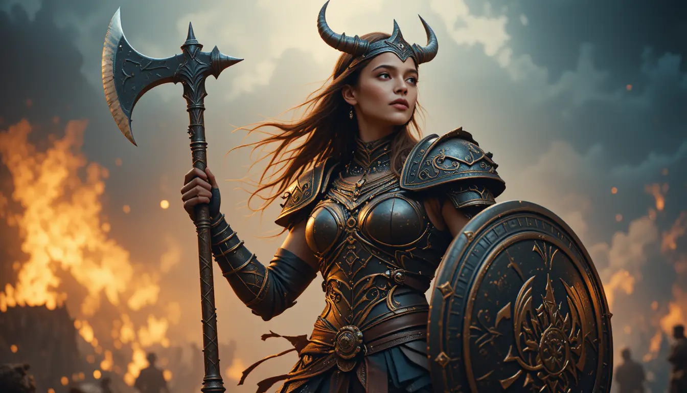 Fierce nord warrior woman in armor with battle axe