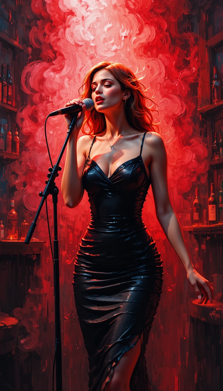 Young woman singing in a black dress on bar stage