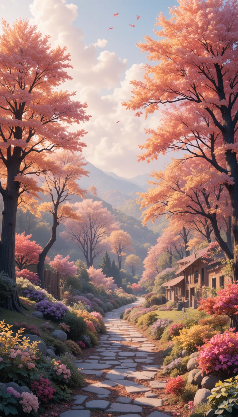 Dreamy pastel illustration of a charming autumn countryside