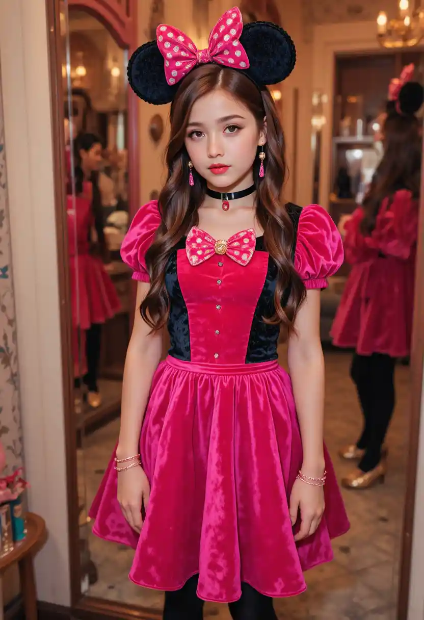 Tween boy in pink dress at boutique makeup vanity