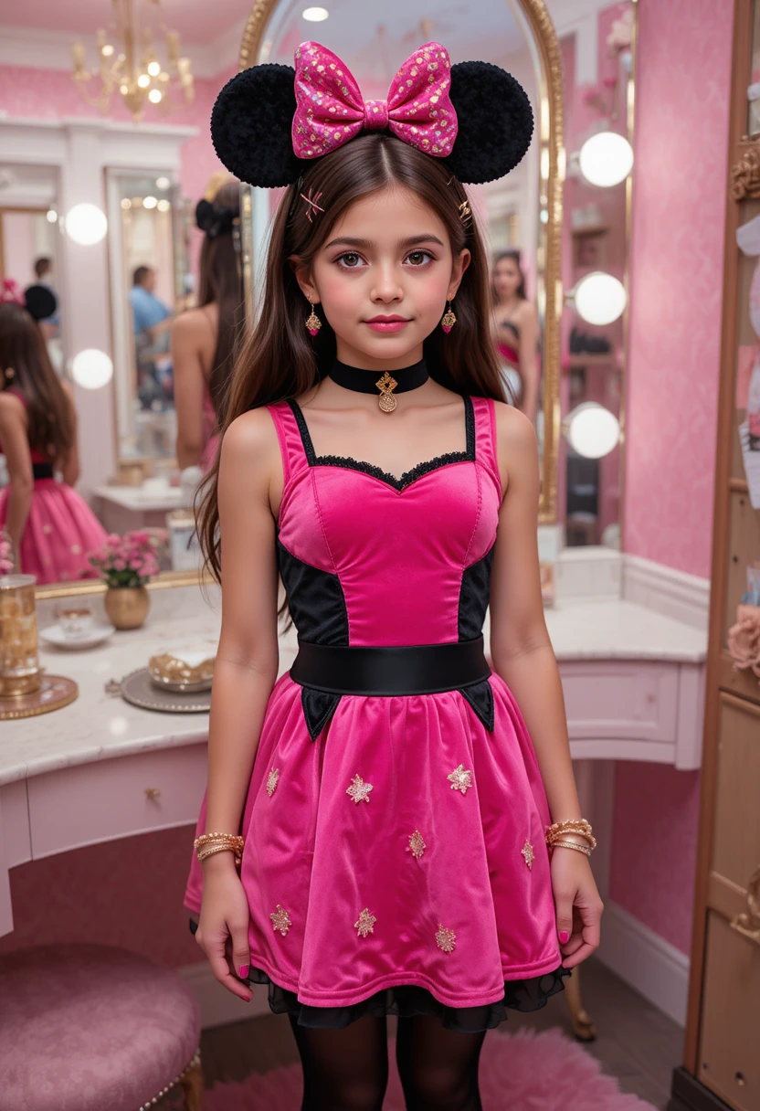 Tween in pink Minnie dress at boutique vanity mirror
